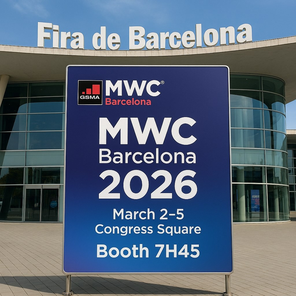 巴塞罗那会展中心的MWC Barcelona 2026标志:3月2日至5日,Congress Square,展位7H45